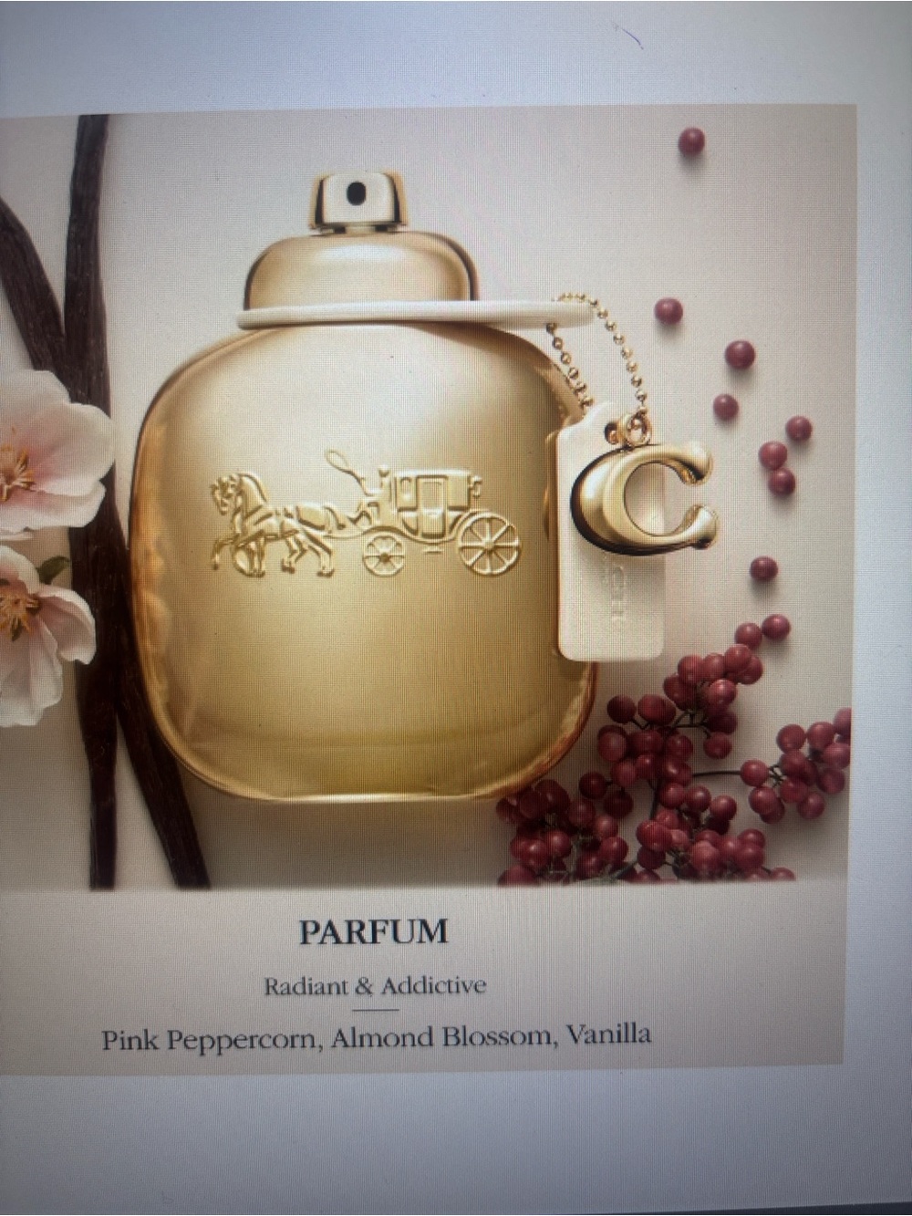 Coach Gold Bottle Body Fragrance with Pink Accents and Hang Tag